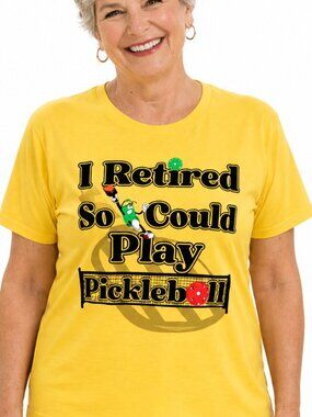 NEW large yellow cotton shirt. Graphic pickleball paddle shirt Retired Retiree